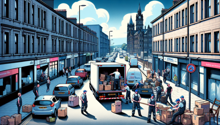 A Glasgow street scene with a house clearance team loading a truck amidst sorted items and busy traffic.
