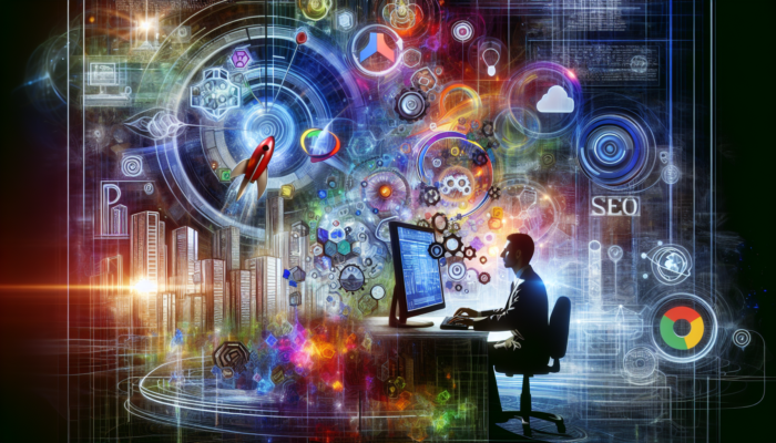 Individual analysing SEO and Google Analytics data on a computer, set against a city map backdrop, refining local SEO strategy.