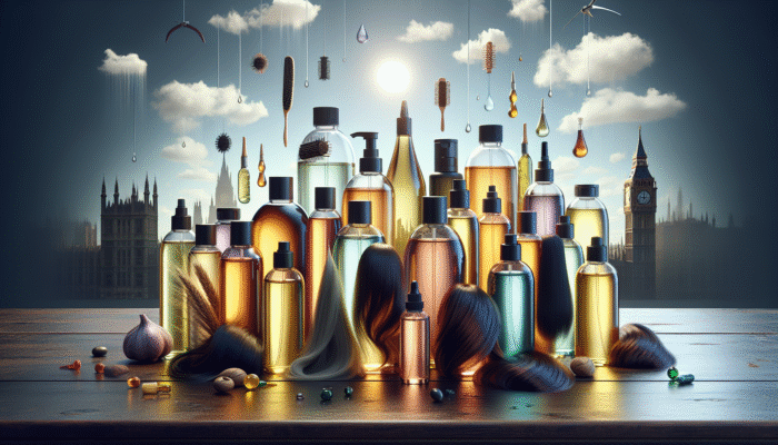 An array of hair oils on a wooden surface, labelled with benefits and hair types, set against a backdrop of UK weather.