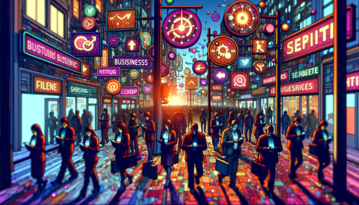 A bustling street with various business signs attracting attention from customers using smartphones via Google Business Categories.