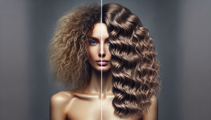 Before and after comparison of curly, coarse hair treated with Olaplex, showcasing reduced frizz and a polished finish.