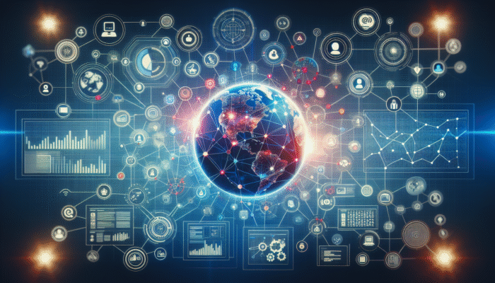Leading Digital Marketing Agencies: A vibrant digital strategy map featuring nodes for brand identity, demographics, and trends against a global backdrop.