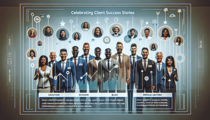 An engaging digital display of client success stories featuring graphs and testimonials.