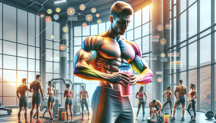 Athletes consuming colourful protein shakes in a modern gym, showcasing muscle growth and recovery post-exercise.