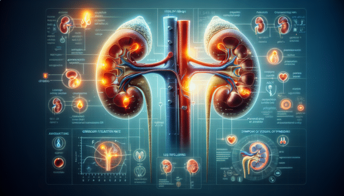 Illustration of kidneys displaying health indicators such as GFR, creatinine, urine protein, and symptoms like fatigue, leg swelling, and altered urination.