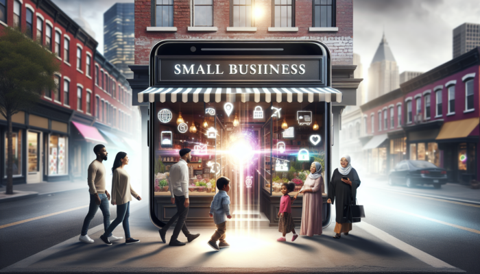 A vibrant Google local listing on a smartphone attracting customers to a thriving small business storefront.