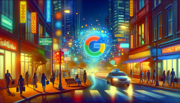 A city street showcasing a Google Business sign, local enterprises, and charts depicting SEO improvement.