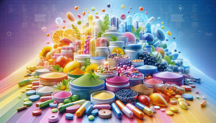 A vibrant collection of dietary supplements in the forms of capsules, tablets, and powders on a colourful backdrop.