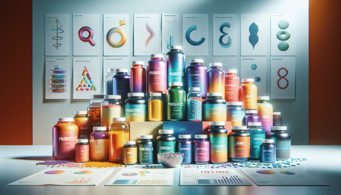 A selection of specialty supplement bottles featuring probiotics, omega-3, and protein powders on a health-oriented backdrop.