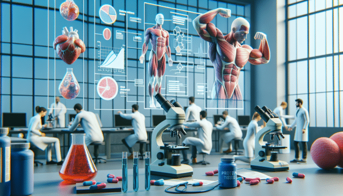 Researchers examining muscle tissue samples under microscopes, with charts and protein supplements visible nearby.