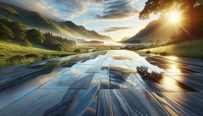 The Importance of Waterproofing Stone Floors in Inverclyde: A stunning landscape highlighting a luxurious waterproofed stone floor that reflects its vibrant surroundings, showcasing durability and protection.