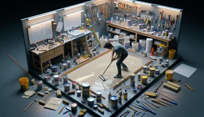 A technician applying waterproof sealant using tools and materials in a well-organised workspace.