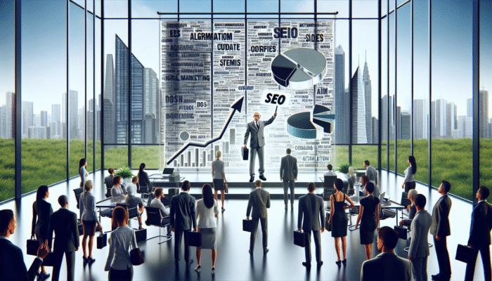 SEO is Dead: An office of a digital marketing agency with a foreboding algorithm chart, a salesman promoting costly SEO courses to eager entrepreneurs.