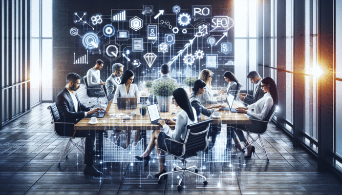Entrepreneurs and SMEs using digital devices in a contemporary office, implementing SEO strategies to achieve rising website rankings.