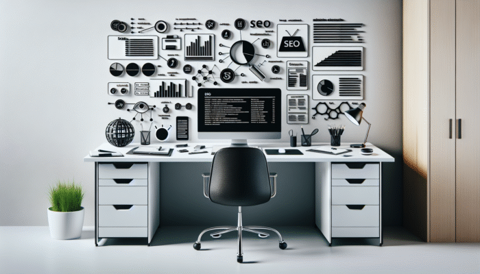 A minimalist desk featuring a computer displaying SEO analytics, tools like Yoast and Google Keyword Planner, focusing on content creation and link building.
