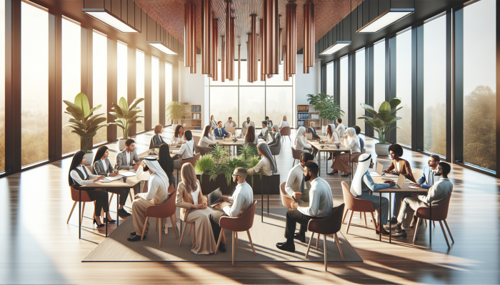 A diverse group of professionals participating in a conflict resolution workshop, promoting trust and growth in a serene office.
