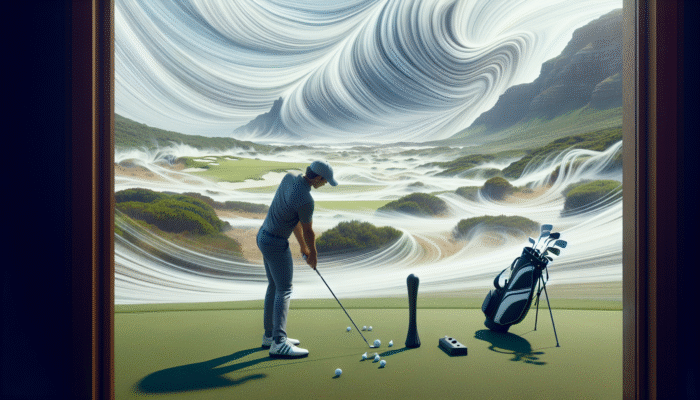 Golfer refining clubface control on South African coast with impact bag amidst winds.