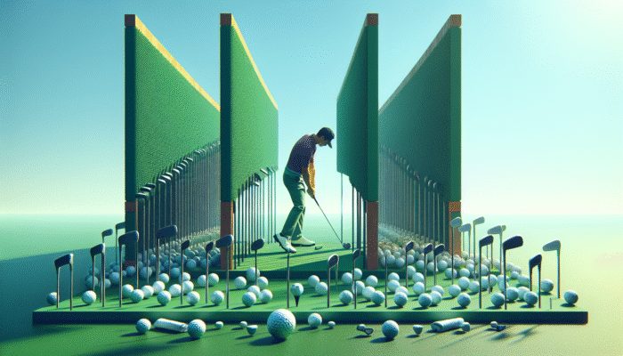 Golfer utilising swing path gates on green course using towels and clubs under clear blue sky.