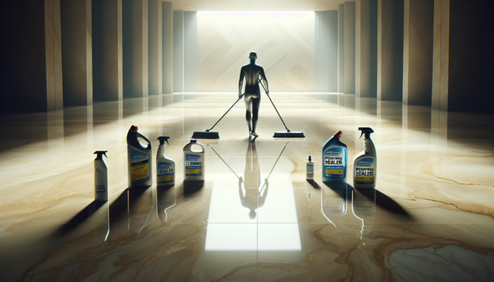 A person sweeping a sealed, gleaming travertine floor, surrounded by cleaning supplies.