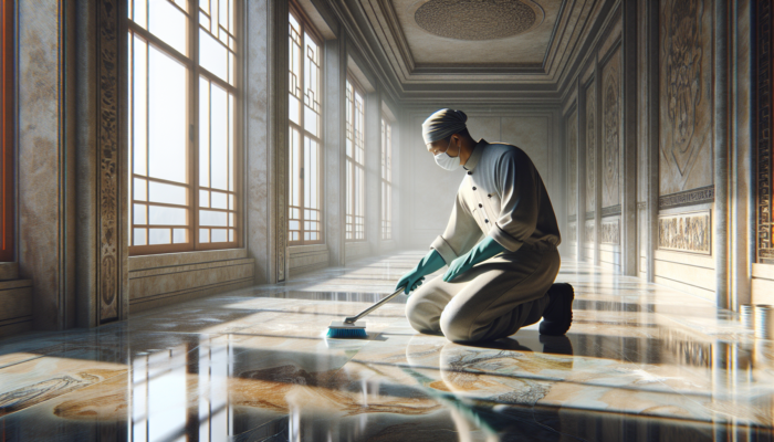 Person wearing gloves and mask cleaning travertine floors with open windows for safety and comfort.