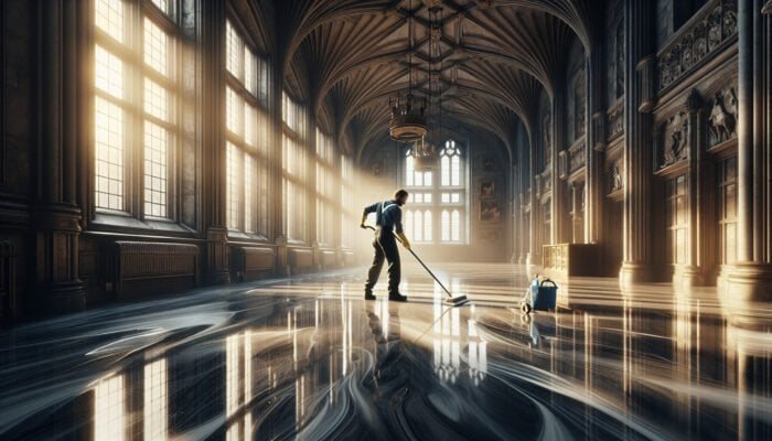 A person meticulously cleaning glossy marble floors in a historic Scottish Borders castle, ensuring no streaks, with sunlight streaming through the windows.