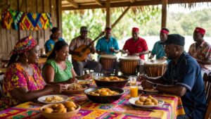 A group of people gather at a table filled with various Garifuna food and drinks, while musicians in colourful clothing play drums and guitars. The scene encapsulates the lively spirit of Garifuna culture in an outdoor setting with vibrant tablecloths.