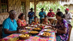 A family gathers around a vibrant table outdoors in Belize, enjoying traditional Garifuna food together. In the background, musicians play drums and other instruments under a thatched roof, reflecting the lively spirit of Garifuna culture. Everyone appears relaxed and joyful.