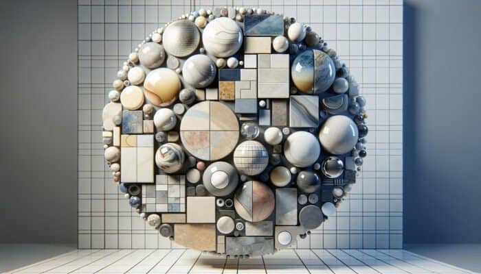 Different styles of porcelain tiles: glazed, glossy and water-resistant; unglazed, natural texture; polished, smooth and reflective, displayed in a busy area.