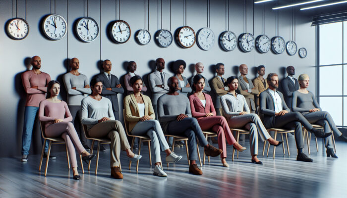 Diverse group waiting in an office with permit applications and clocks indicating different times.