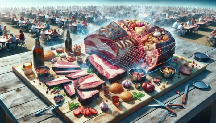 Diagram of various meat cuts for BBQ, focusing on brisket with notes on fat trimming and smoking methods.