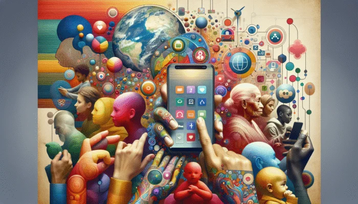 A vibrant mobile interface with large text and intuitive navigation, appealing to diverse global users.