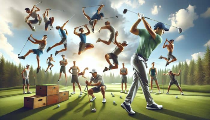Golfer executing a mid-swing on a green course, surrounded by dynamic plyometric drills enhancing muscle power and speed.