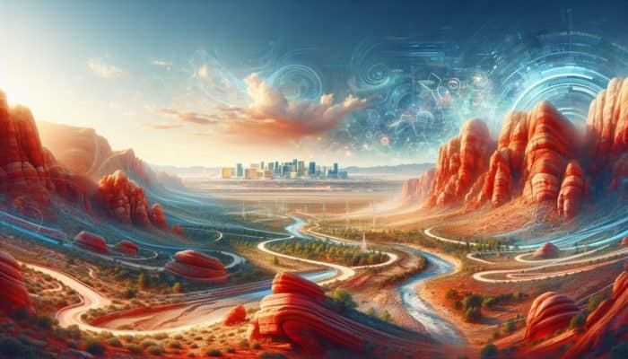 A vibrant Red Rock Canyon landscape featuring red rock formations, trails, and the distant Las Vegas Strip skyline.