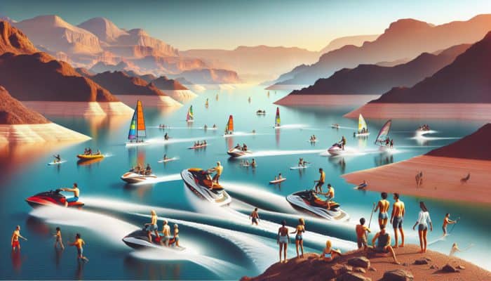 People enjoying jet skiing and paddleboarding at Lake Mead, with desert and clear blue skies in the background.