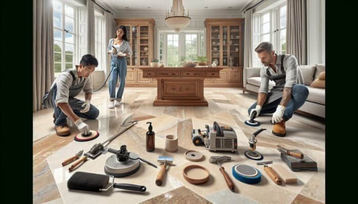 A gleaming, restored travertine floor in a luxurious UK home, polished by professional experts.