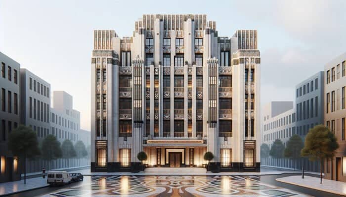 Art Deco building in London with terrazzo flooring, showcasing its evolution from luxury to modern versatility.
