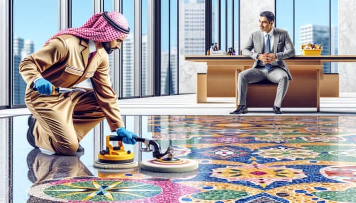 A skilled worker polishing a vibrant terrazzo floor, enhancing its colorful patterns and smooth texture.