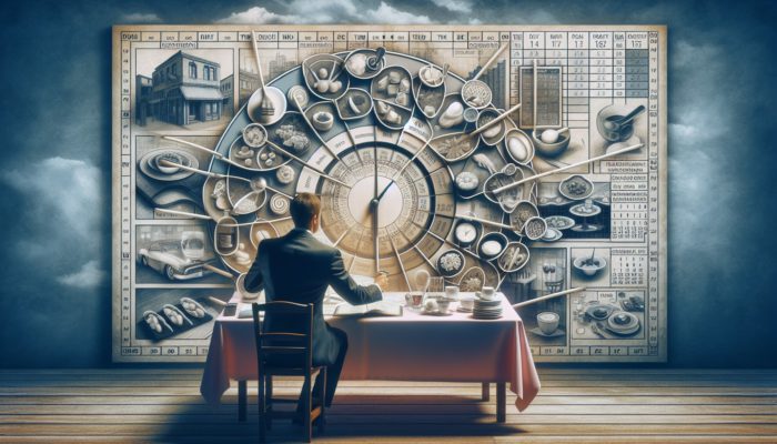Individual using a calendar and clock to strategically plan restaurant reservations amidst various dining establishments.