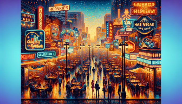 Las Vegas Strip at dusk with neon signs highlighting off-peak dining promotions at celebrity chef restaurants.