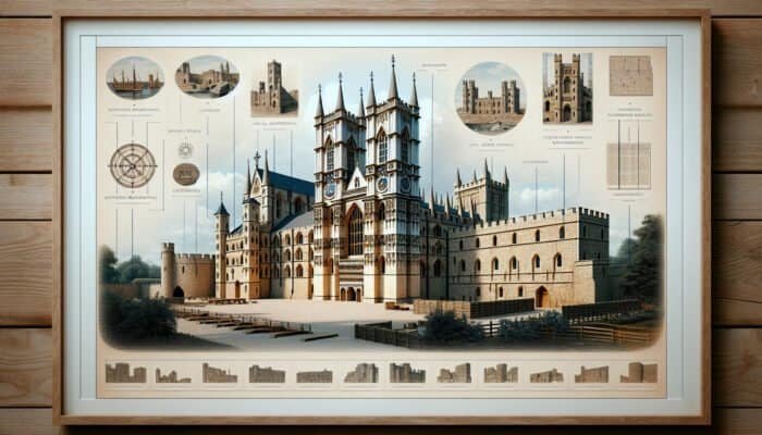 Medieval UK limestone buildings, like Westminster Abbey and Tower of London, showcasing local quarrying and craftsmanship.