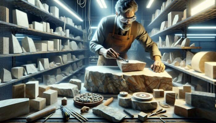 A skilled artisan honing limestone with specialized tools in a well-lit workshop, enhancing its natural beauty.