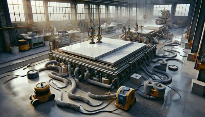 UK workshop honing limestone with diamond pads, buffers, and vacuums, from coarse to fine polishing.