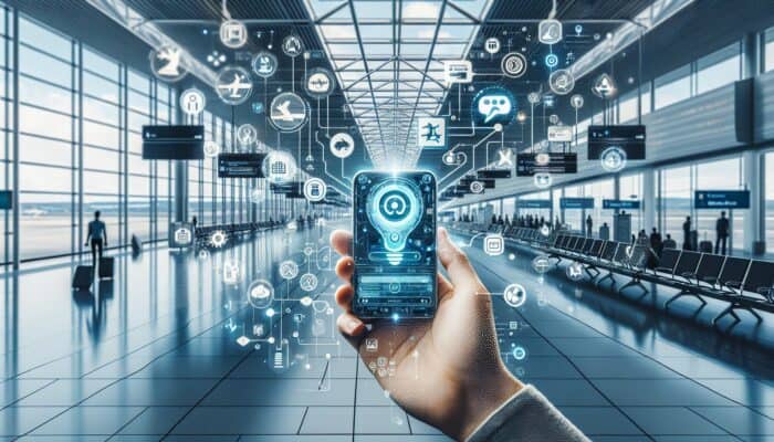 AI Chatbots Revolutionising Customer Service: A futuristic AI chatbot on smartphone providing instant travel updates and options to a traveler at the airport.