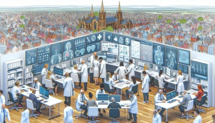 A Shrewsbury clinic with healthcare professionals advising on vitamin B12 deficiencies using modern tools, surrounded by community members.