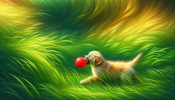 Golden Retriever puppy playing with red ball in grassy park.