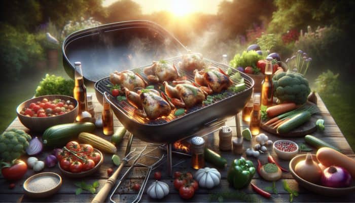 Organic and free-range chickens grilling with herbs and vegetables, showcasing ethical and flavourful eating.