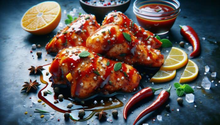 Marinated chicken thighs in barbecue sauce, citrus, and southwestern spices, prepared for grilling.