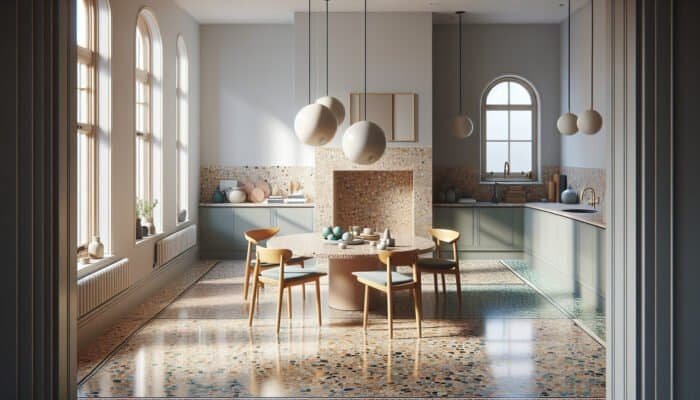 A diverse display of terrazzo flooring types in a UK home, showcasing traditional and modern eco-friendly styles.