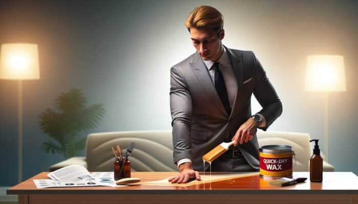 Person applying wax to wood at home, using minimal tools, quick-dry, showing ease for busy homeowners.