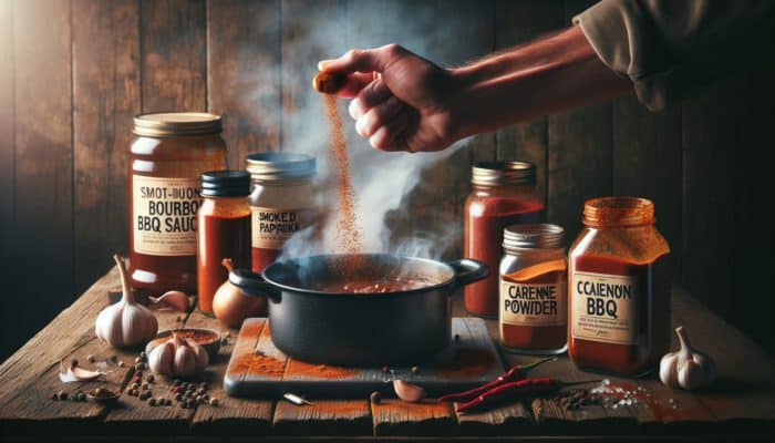 A hand adding smoked paprika and garlic powder to bourbon BBQ sauce, with cayenne and onion powder on a rustic table.